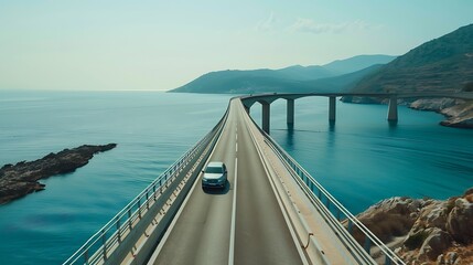 car traveling on a long bridge that passes above the sea with a great view