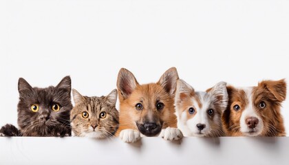Obraz premium Cats and Dogs Peeking Over White Web Banner 