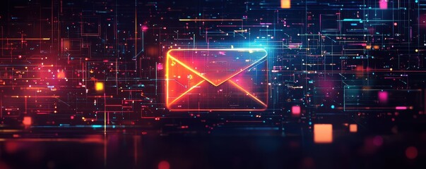 Colorful geometric shapes with glowing envelope symbol against dark background conveying digital communication and technology.