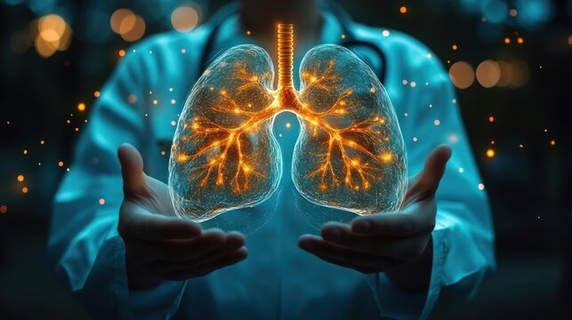 Doctor shows human lungs on blurred background, Doctor show digital image of human lungs. 