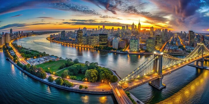 Aerial View of Queensbridge, Iconic Urban Landscape and Scenic Riverbank in New York City