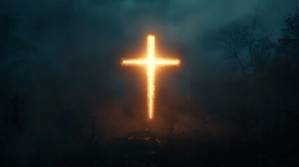 Fototapeta premium A glowing cross emerges from the fog in a dark forest, symbolizing hope and faith.