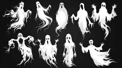 A group of ghostly characters depicted in different poses, ready for use in illustrations or designs where a supernatural theme is required