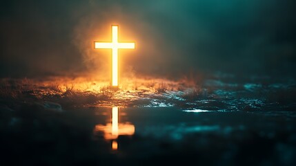 Fototapeta premium Glowing cross on a dark background with fog, reflecting in a puddle of water.