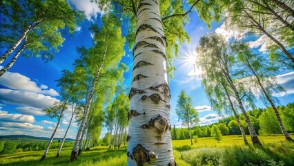 Fototapeta premium Beautiful Birch Tree with White Bark in a Lush Green Forest Under Bright Blue Sky in Summer