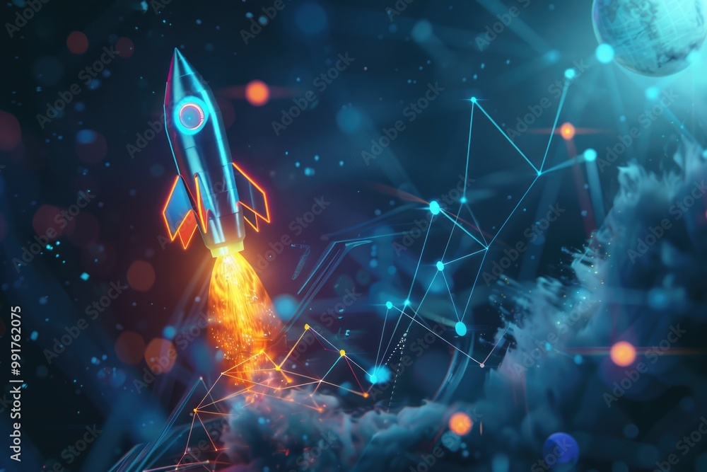 Poster a rocket soaring through the sky, great for sci-fi or technology concepts