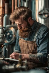 A person with a beard is sitting at a desk, focused on writing in a book