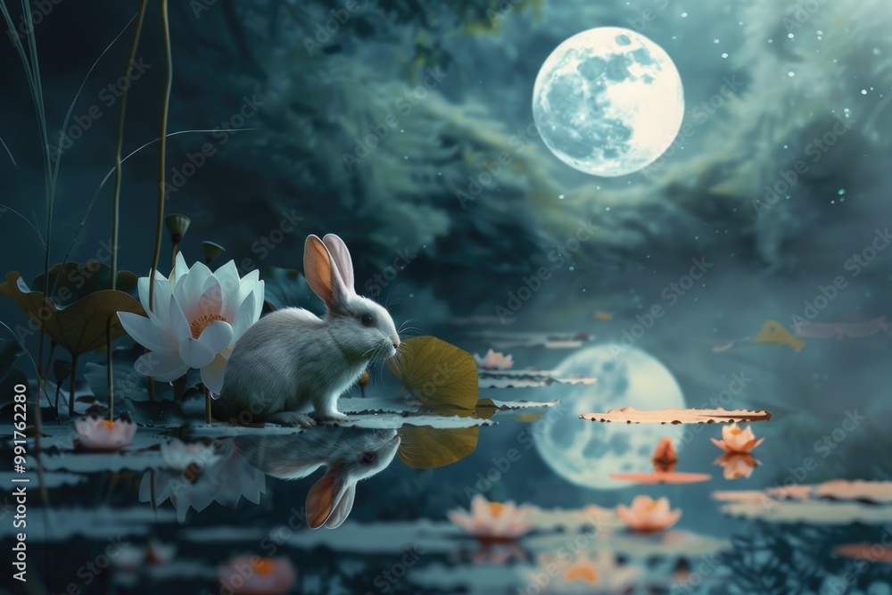 Poster a rabbit sits at the edge of calm water under a full moon