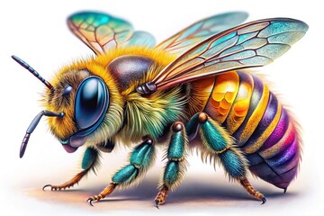 Obraz premium Beautifully illustrated bee drawing, showcasing intricate details and vibrant colors on white background