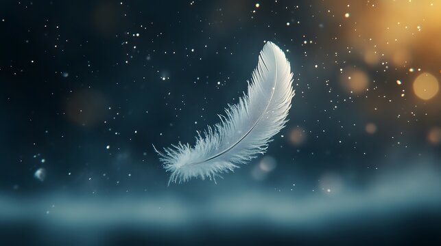 A closeup of a single feather drifting through a vast, empty space, embodying the feeling of weightlessness and freedom