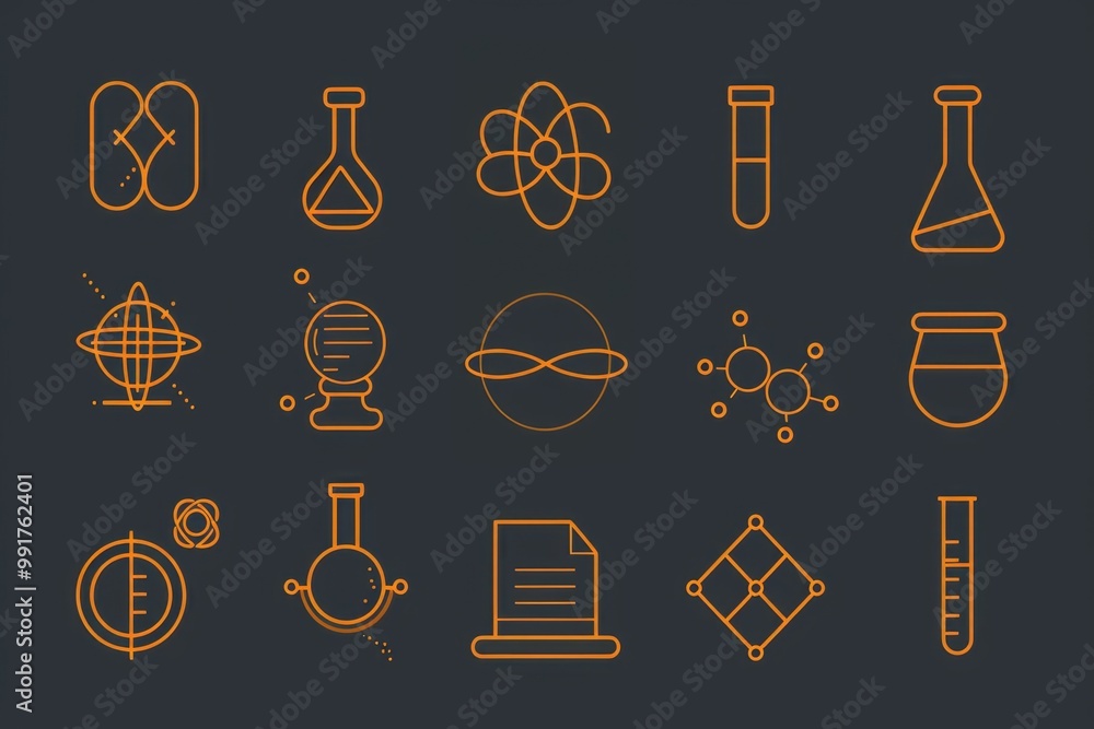 Poster set of science-related icons on a dark background, perfect for use in infographics and presentations