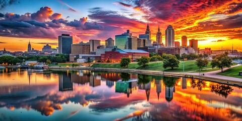 Fototapeta premium Breathtaking Sunset Over Kansas City Skyline with Vibrant Colors Reflecting on the Water
