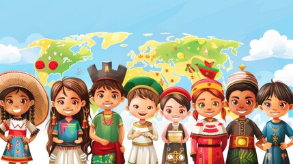 Group of children wearing traditional costumes, perfect for cultural or heritage themed projects