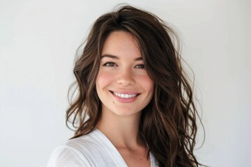 Elegant woman with dark brown hair, posing on a clean white background, stylish
