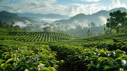A scenic view of lush green tea plantation in a valley, surrounded by mist-covered mountains.
