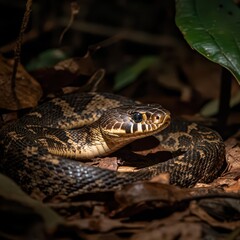 Obraz premium Snake in the Jungle, Slithering Amongst Roots and Leaves