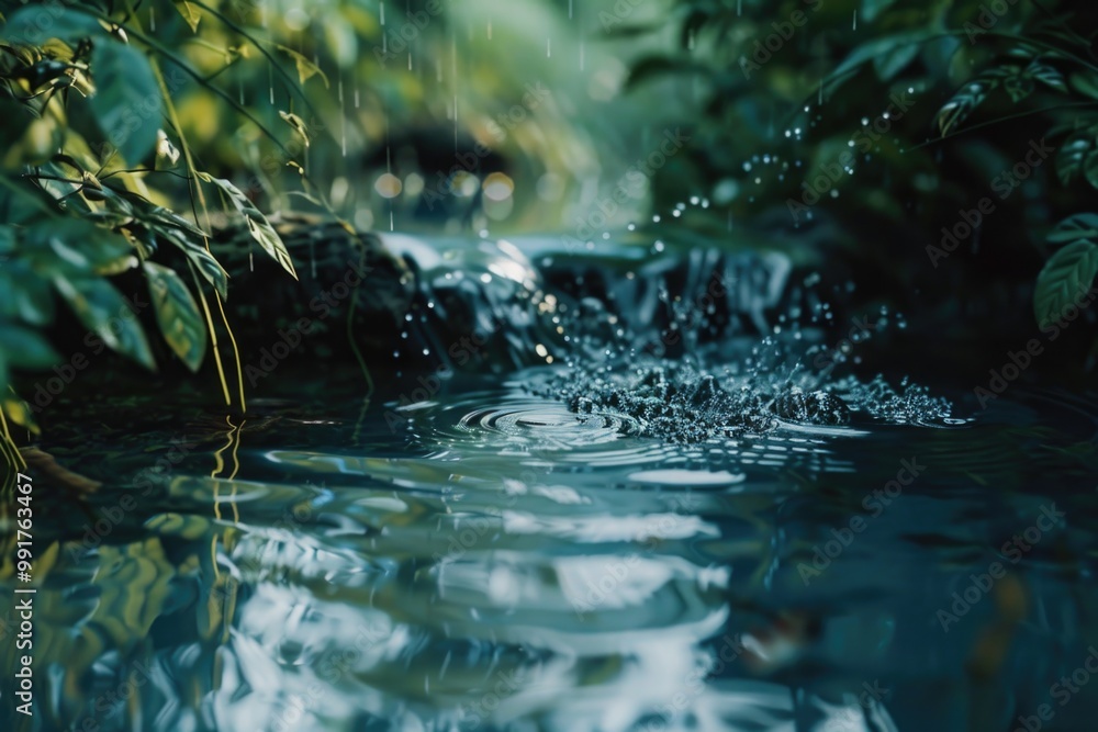 Poster a serene forest scene with a stream flowing through the lush vegetation