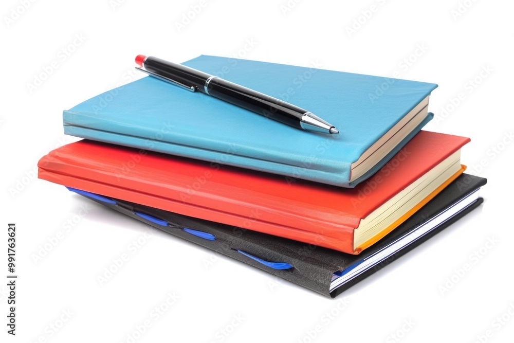 Poster a stack of colorful notebooks with a pen lying on top, perfect for creative work or study