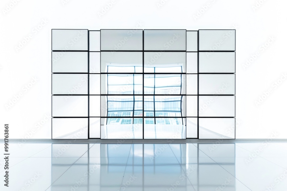 Poster A simple room with a large window and tiled floor