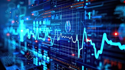A high-tech digital interface showing brain scans, medical data, and ECG readings, representing advanced healthcare, AI diagnostics, and futuristic medical technology.
