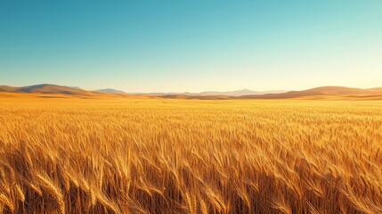 Obraz premium Golden wheat fields stretching into the horizon under a clear blue sky, capturing the essence of agricultural abundance and rural tranquility in the countryside