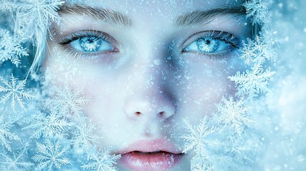   A woman's face close-up, with blue eyes surrounded by snowflakes in the background and foreground