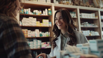 A pharmacist helps a customer with their prescription needs
