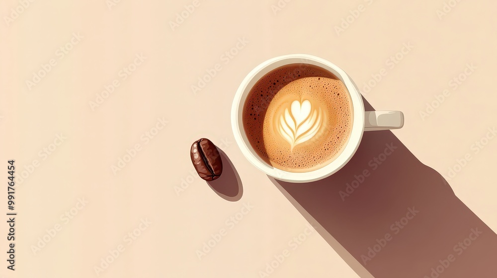Poster minimalist top-down view of white latte cup and coffee bean in 2d vector illustration with soft matt