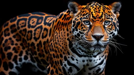 Portrait of a Jaguar on a black background. Leopard on black background