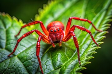 Obraz premium Close-Up of a Red Poisonous Spider in Its Natural Habitat on a Leaf Surrounded by Green Foliage