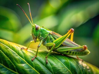 Close-Up of a Vibrant Green Grasshopper Insect on Green Leaves in Natural Outdoor Habitat