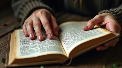 Hands Holding Bible and Reflecting on Faith: Spiritual Study at Home, Seeking Peace and Inspiration in the Gospel