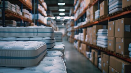 A modern factory showcases automated machinery producing high-quality, ergonomic mattresses. This image is ideal for advertising manufacturing processes and innovations in sleep product design.