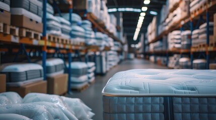 A modern factory setting showcases automated machinery efficiently producing high-quality, ergonomic mattresses. 