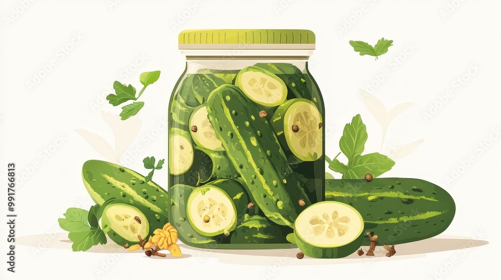 Aufkleber handmade pickled cucumbers in minimal flat vector design on light background
