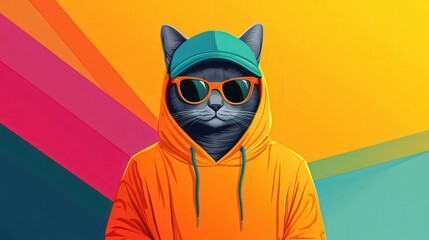 Fototapeta premium Playful Halloween Party Cat - Minimalist 2D Vector Illustration in Gray Cat Character with Orange Hoodie, Sunglasses, and Cap Against Colorful Background