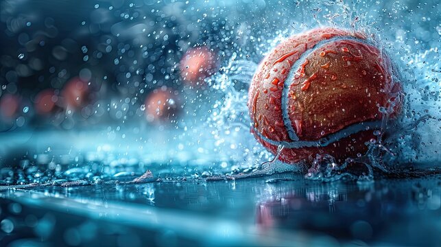 A dynamic close-up of a basketball splashing through water on a wet court, capturing the energy and intensity of the game in challenging conditions.

