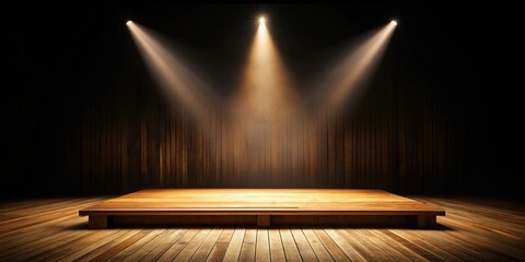 An empty wooden stage in a dark theater illuminated by a single spotlight, platform, atmospheric, stage,theater, spotlight, empty, minimalist, illuminated, simplicity, drama, wooden