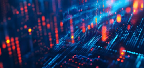 Obraz premium Dynamic financial growth perspective view of stock market, investing, and data analysis with digital charts and indicators on dark blue background