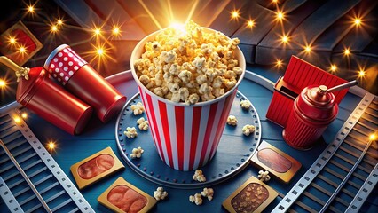 Colorful Movie Theater Clipart Featuring Popcorn, Tickets, and Classic Film Elements for Design Use