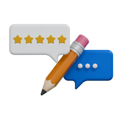 Pencil tool with five star customer review and speech bubble message 3d render illustration