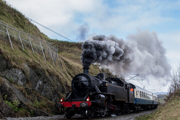 The old locomotive, train, produces a pillar of steam.