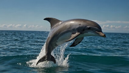 Playful dolphin jumping in sparkling ocean waters.