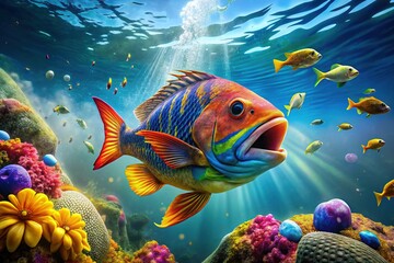 Colorful Singing Fish Decorated with Musical Notes in a Vibrant and Fun Underwater Scene