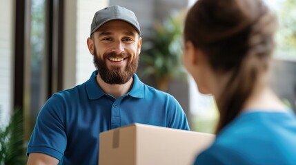 Home delivery service and working service mind. Man customer hand receiving a cardboard boxes parcel from delivery service courier. delivery logistic concept