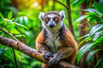 Obraz premium Curious Lemur Sitting on a Branch in a Lush Green Forest Surrounded by Vibrant Foliage