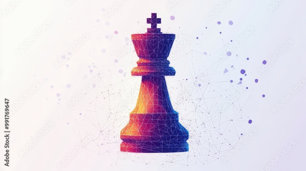 Poster futuristic low polygon wireframe chess rook in rgb colors on light background - abstract modern desi
