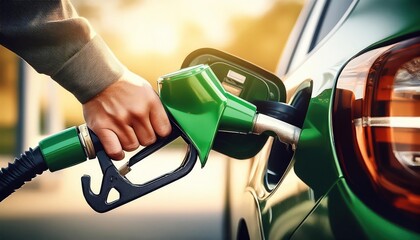 Close-up of Hand Fueling Car with Green Gas Pump 