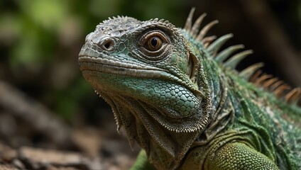 Portrait of a green iguana with room for text.