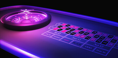 Purple, neon lights Roulette. Casino online games concept, with vibrant colors. A fantasy 3D illustration betting template